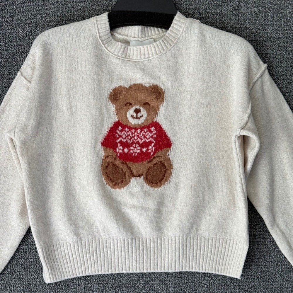 NEW Pink Rose Women XS Sweater Cream Teddy Bear Pullover Holiday Cozy Whimsical‎